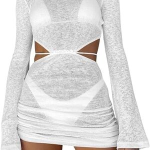 Strappy White Long Sleeve Mini Dress Strappy Cover Up